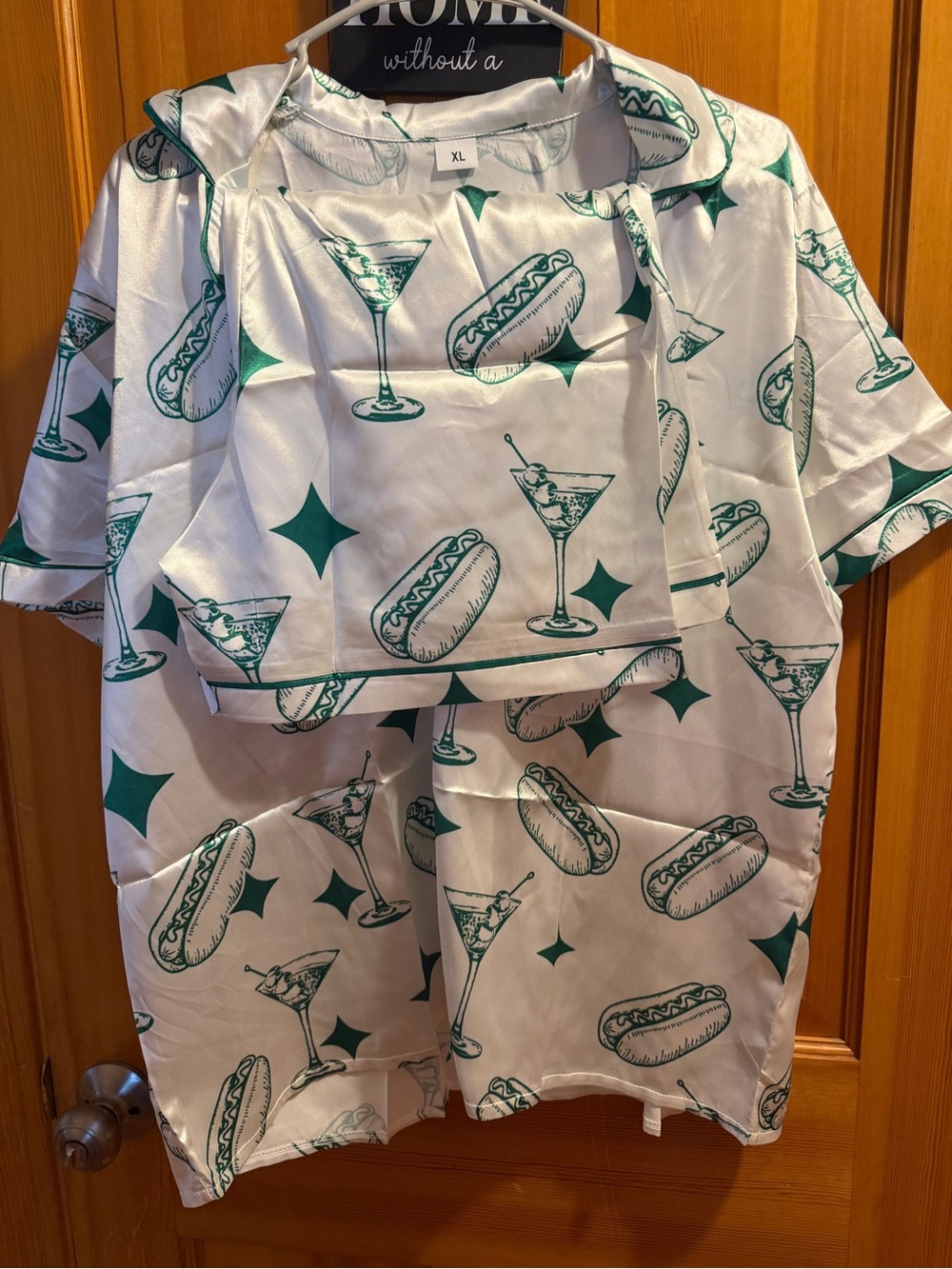 Silky Cocktail & Hot Dog Print Two-Piece Set - White & Green